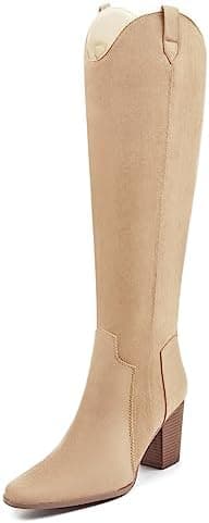 Coutgo Women's Cowboy Knee High Boots Suede Chunky Block Heel Square Toe Tall Riding Boots