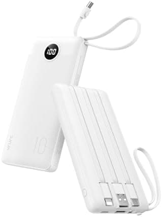VRURC Portable Charger Power Bank, USB C Battery Pack 10000mAh,5 Outputs 2 Inputs Pocket Travel Charging Bank Built-in Cables for iPhone 17 Pro 17 16 15 14 13,Samsung,Android-White(1 Pack)