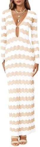 Saodimallsu Womens Crochet Summer Maxi Dress Striped Sexy Cut Out V Neck Long Sleeve Knit Cover Up Beach Dresses