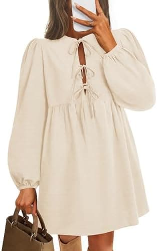 ZESICA Women's Dress Fall Long Puff Sleeve Self Tie Front Babydoll A Line Pleated Cute Mini Tunic Dresses 2026