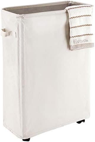 Caroeas Laundry Basket on Wheels, Slim Laundry Hamper Collapsible with Note Cards Waterproof Corner Hamper with Lid Breathable Mesh Cover (Slim 22 inch,Beige)