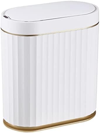 ELPHECO Automatic Motion Sensor Trash Can - 2 Gallon Slimline for Bathroom, Bedroom, Kitchen, Office - White with Gold Trim