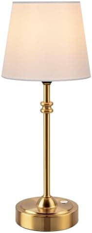 ONEWISH Cordless Lamp-Battery Operated Table lamp, 4000mAh Rechargeable, Stepless Dimmable, Small Touch Bedside Lamp with Fabric Shade, for Dining, Patio, Bathroom(Gold)