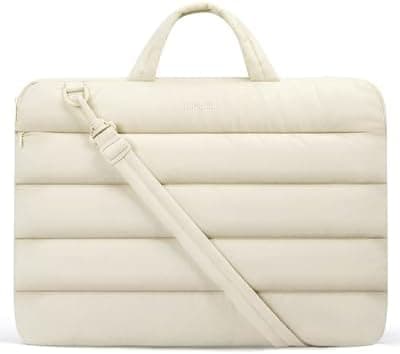 BAGSMART 15-16 inchLaptop Sleeve Bag with Strap, Puffy Padded Laptop Case with Pocket, Portable MacBook Air/Pro 15 inch Case for Women, Repellent Protective Sleeve Compatible with Dell, HP, Beige