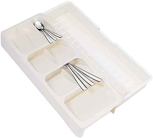 Faridabio Kitchen Drawer Organizer Tray,Expandable Cutlery Silverware Organizer Storage Tray for Kitchen Drawer Flatware Spoons Forks,Creamy White