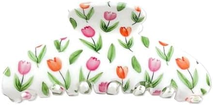 SIYIKRYP Acrylic Floral Hair Claw Clip for Women - Stylish Non-Slip, Durable Accessory for Thick & Thin Hair - Elegant White with Pink & Orange Tulip