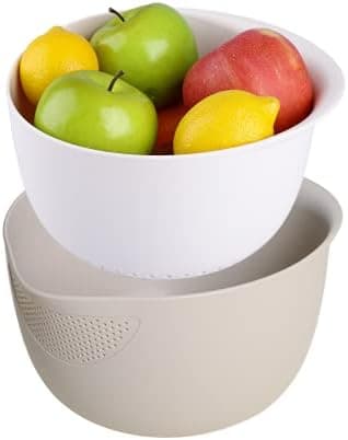 BLUE GINKGO Rice Strainer and Kitchen Colander Set - Strain Rice, Quinoa and Small Grains - Soak, Wash and Drain Vegetables and Fruit - (4 Quart Bowl) Cream and Limestone