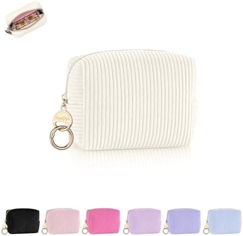 Playexen Mini Makeup Bag, Corduroy Small Cosmetic Bag for Purse with Ring Buckle, Portable Travel Makeup Pouch for Lipsticks, Chapsticks, Coin, Earphone, Credit Card (Beige)