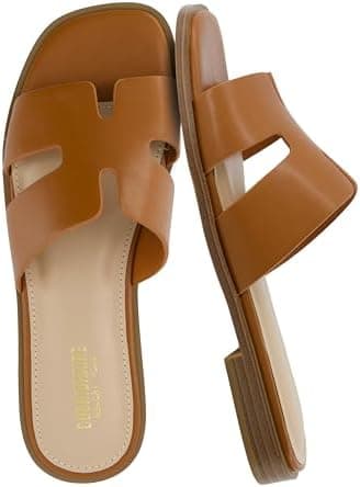 CUSHIONAIRE Voyage Cutout Strap Slides for Women, Slip On Summer Flats, Trendy Footwear, Memory Foam Vegan Leather Comfortable Vacation Style Sandals