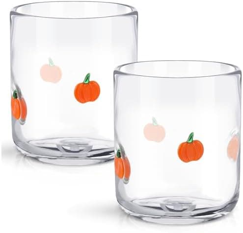 SiliFine 2 Pcs Pumpkin Icon Juice Glasses - 14oz Pumpkin Stemless Wine Drinking Coffee Glass Cup for Fall Thanksgiving Party Supplies & Gift