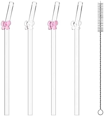Generic BOW REUSABLE GLASS STRAWS | Aesthetic Coquette Bow Straws | Cute Straw Designs for Drinking Matcha Coffee Lattes Teas Juices | 4 Straws 1 Cleaning Brush, 8mm x 200mm, Pink, 0000000