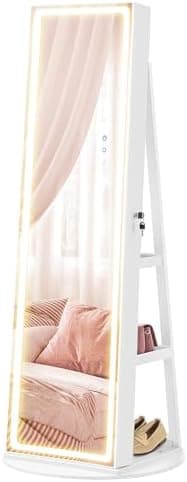 SONGMICS LED Jewelry Cabinet Standing, Lockable Armoire With Full-Length Mirror and Adjustable Lights, Space-Saving Organizer, Gift Idea, Cloud White UJJC008W01
