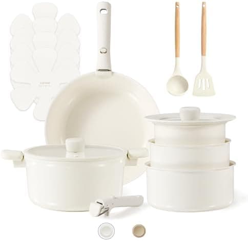 CAROTE 15pcs Ceramic Cookware Set, Pots and Pans Set Non Stick, Induction Kitchen Casserole Sets, Non Stick RV Set with Detachable Handle, Dishwasher/Oven Safe, Cream