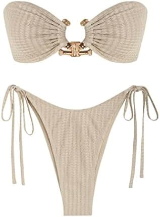 ZAFUL Metal Ring Bandeau Bikini Set Tie Side Bathing Suit High Cut 2 Piece Swimsuit Cutout Swimwear