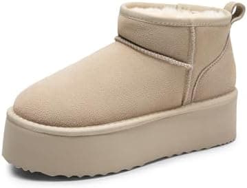 DREAM PAIRS Platform Mini Boots for Women Suede Genuine Leather, Classic Winter Ankle Snow Boots with Memory Foam Insole Lightweight Anti-Slip Outsole FuzzyClassic