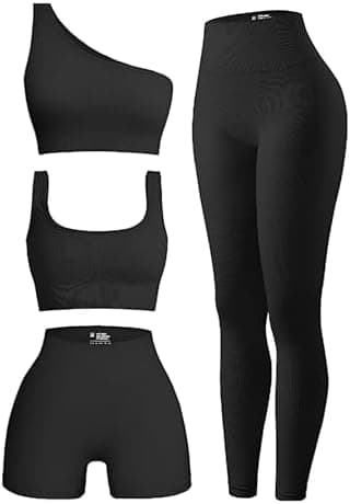 OIERD 4 Piece Workout Sets For Women Ribbed Leggings Clothes Yoga Sets Active Wear Matching Work Out Sets Gym Pilates Outfits