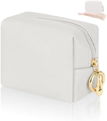 Desing Wish Mini Makeup Bag with Key Ring Portable Lipstick Case Bag PU Leather Small Cosmetic Bag Travel Lipstick Pouch Cute Small Makeup Bag for Chapstick Makeup Keys Earphone (White)