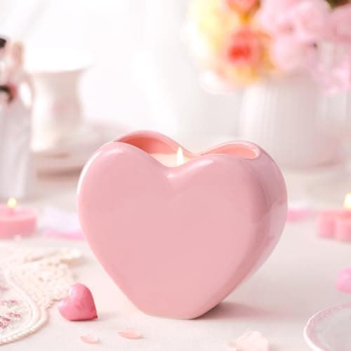 Vesici Valentine's Day Heart Candle Roses Scented Ceramic Love Heart Shape Candle Romantic Soy Wax Decor Holder Aromatherapy Candles for Valentines Day Anniversary Birthday Decor Gift (Pink)