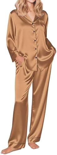 Ekouaer Silk Pajamas for Women Button Down Satin Pj Set Soft Long Sleeve 2 Piece Sleepwear Loungewear S-XXL