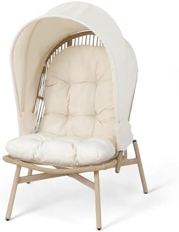 Athena Collection Rattan Egg Chair with Foldable Canopy, Patio Egg Chair Indoor Outdoor Lounge Egg Chair with Stand & Detachable Cushion for Garden, Porch, Backyard, Balcony, Beige