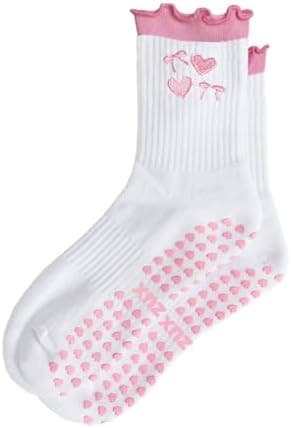 Puedizux Women Cute Pilates Socks Grip Crew Yoga Socks Ruffle Cuff Embroidery Pattern Workout Ballet Socks