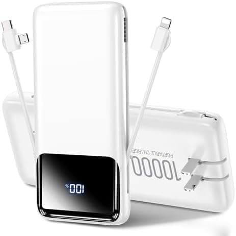 Portable Charger Power Bank with Built-in Cables and Wall Plug, 10000mAh Slim USB-C Battery Pack, 15W Fast Charging Travel Essential Portable Phone Charger Compatible with iPhone, Samsung (White)