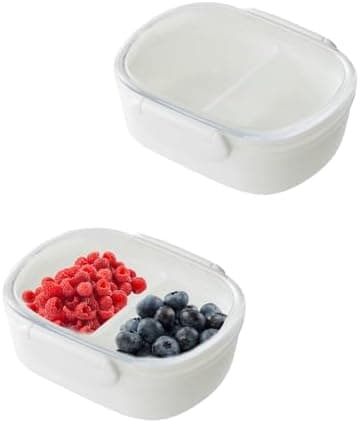 2 PCS Double Compartment Snack Containers with Clear Airtight Lids, Small Reusable Snack Pack Box with 2 Removable Compartments, Portable Divided Food Storage Containers for Mini Fridge,Picnic, White