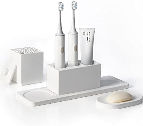 AUSAULAC Ceramic Toothbrush Holders for Bathrooms, White Bathroom Accessories Diatomite, Electric Toothbrush Holder Countertop with Toothbrush Holders, Soap Dish Set