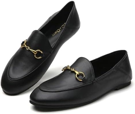 CiCi-Cherry Women's Classic Bit Loafers – Structured Faux Leather Business Work Flats, Comfortable Slip On Dress Shoes with Gold Metal Buckle (Updated True Size)
