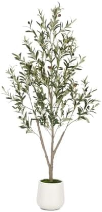 VIVATREES Olive Trees Artificial Indoor, 5FT Tall Faux Olive Tree with White Tall Planter, Artificial Plants with Natural Wood Trunk and Lifelike Fruits for Home Office Decor
