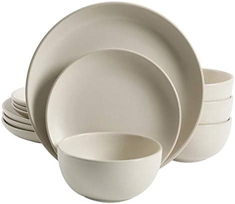 Gibson Home Rockaway 12-Piece Round Stoneware Dinnerware Set, Service for 4 – Cream Plates and Bowls, Modern Matte Finish, Microwave & Dishwasher Safe