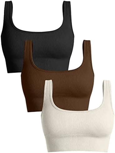 OQQ Women's 3 Piece Medium Support Tank Top Ribbed Seamless Removable Cups Workout Exercise Sport Bra Black Coffee Beige
