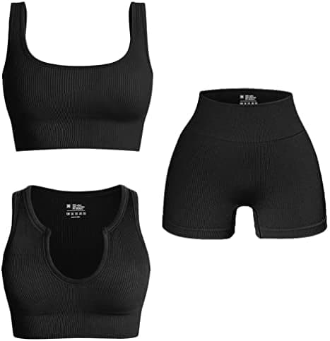OQQ Women's 3 Piece Outfits Ribbed Exercise Scoop Neck Sports Bra Notch Neckline Crop Tops High Waist Yoga Shorts Active Set Black