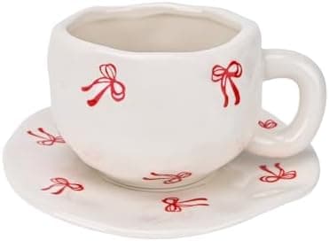 Koythin Ceramic Coffee Mug with Saucer Set, Cute Creative Bow Cup Unique Irregular Design for Office and Home, 10 oz/300 ml for Latte Tea Milk
