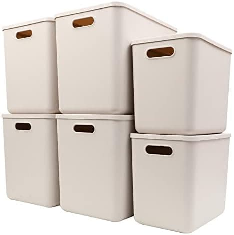 Yishyfier Plastic Storage Baskets With Lid Organizing Container Lidded Knit Storage Organizer Bins for Shelves Drawers Desktop Closet Playroom Classroom Office (4XL+2L, Light grey)