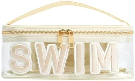 Clear Waterproof Summer SWIM Makeup Bag, Aesthetic Transparent Letter Patch Cosmetic Bag, Preppy Beach Pool Zipper Pouch, Summer Organizer Toiletry Bag for Women Girl Swimmer Gifts(05SWIM Beige)