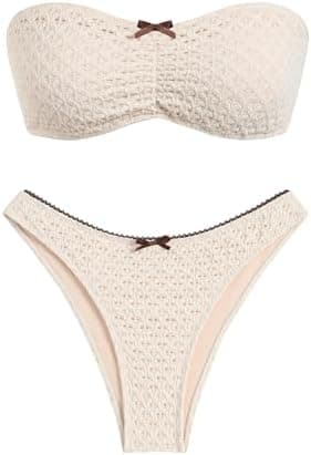 ZAFUL Women's Strapless Bikini Openwork Textured Bow Ruched Lace Up High Cut Bandeau Swimsuit Bathing Suits