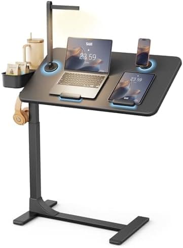 SAIJI Magnetic Overbed Bedside Table with Wheels, Height and 360° Angle Adjustable Over Bed Desk with Led Light, Portable Lengthened Rolling Laptop Standing Desk Mobile Bed Tables Hospital Home Use