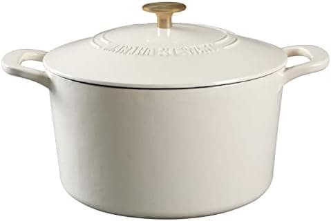 MARTHA STEWART Gatwick 7-Quart Enamel Cast Iron Dutch Oven – Linen White With Gold – Heavy-Duty Dutch Oven for Slow Cooking, Braising & Baking