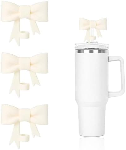 DJAIOD Off White Silicone Straw Covers for Stanley Cup, 10mm (0.4inch) - 3pcs Set with Cute Bow Topper for 40oz & 30oz Tumblers