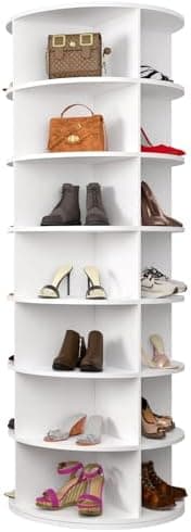 Hestiasko Rotating Shoe Rack, 7-Tier Spinning Shoe Rack, Free Standing Rotating Shoe Rack Tower 360°, Easy to Assemble, Space-Saving Revolving Shoe Organizer for Entryway - White, Large