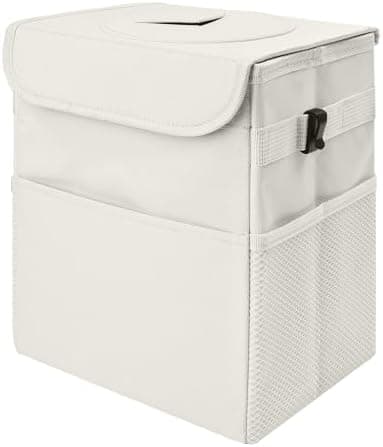 Car Trash Can Bin with Lid - Collapsible Car Garbage Can with Storage Pockets-Beige Mini Leakproof Vehicle Trash Bag-Small Automotive Organizers and Storage for Back/Front Seat SUV Truck Accessories