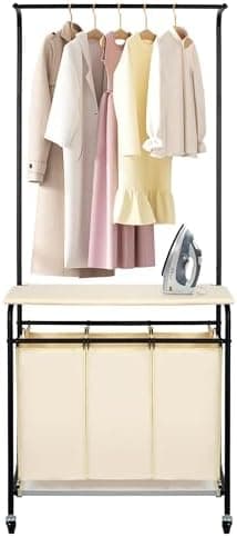 MYOYAY 3 Section Laundry Sorter with Garment Hanging Bar Rack Foldable Ironing Board, Laundry Basket Organizer Heavy Duty Laundry Hamper Rolling Cart with Lockable Wheels and 3 Removable Bags