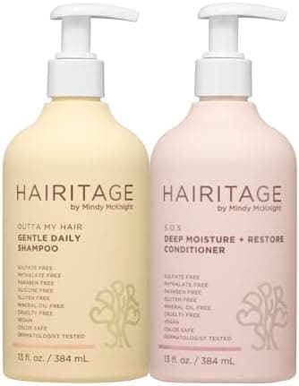 Hairitage Gentle Daily Moisture Shampoo and Conditioner Set - Split End + Bond Strengthening for Dry, Damaged Hair with Jojoba Oil - Anti-Frizz and Color Safe - Cherry + Amber Scent (13oz. 2-pack)