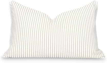 Hofdeco Premium Fall Coastal Patio Indoor Outdoor Lumbar Pillow Cover Only, 12"x20" Water Repellent for Backyard, Couch, Neutral Tan Stripe
