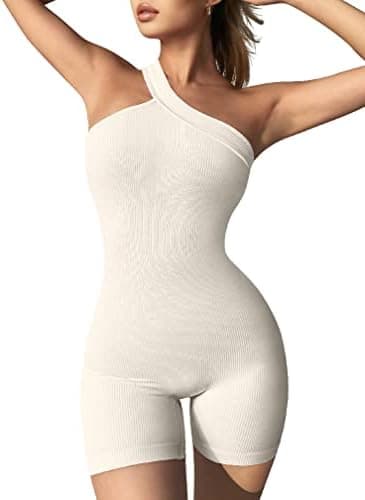 OQQ Women's Yoga Ribbed One Piece Tummy Control Shoulder JumpSuit Romper, Beige, Medium