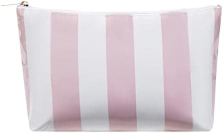 RSRSLEII Large Waterproof Travel Striped Makeup Bag, Aesthetic PVC Toiletry Bag, Coquette Cosmetic Bag, Sunscreen Accessories Storage Organization, Beach Travel Purse(Pink)