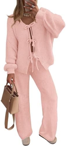 ZESICA Women's 2 Piece Outfits Lounge Pajama Sets 2026 Fall Long Sleeve Cardigans Wide Leg Pants Matching Winter Clothes