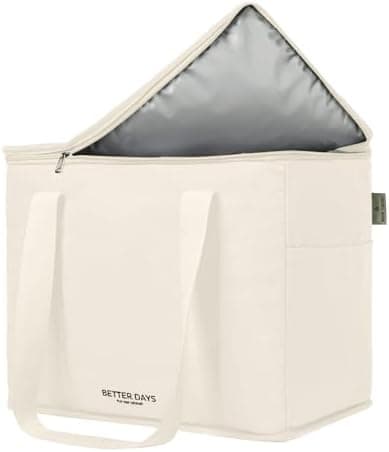 Reusable Insulated Grocery Bag - Canvas, Leak Proof, X Large Cooler Bag, Insulated Shopping Bags for Groceries, Travel Cooler Bag for Frozen and Hot Food with Zippered Top (Cream)