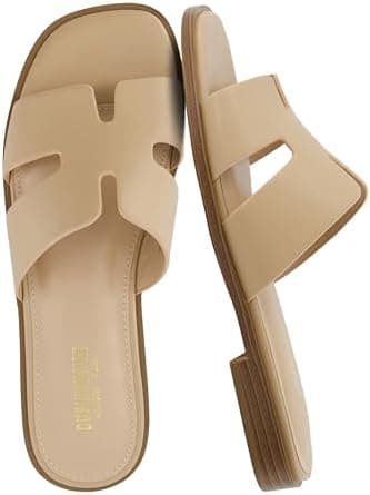 CUSHIONAIRE Voyage Cutout Strap Slides for Women, Slip On Summer Flats, Trendy Footwear, Memory Foam Vegan Leather Comfortable Vacation Style Sandals